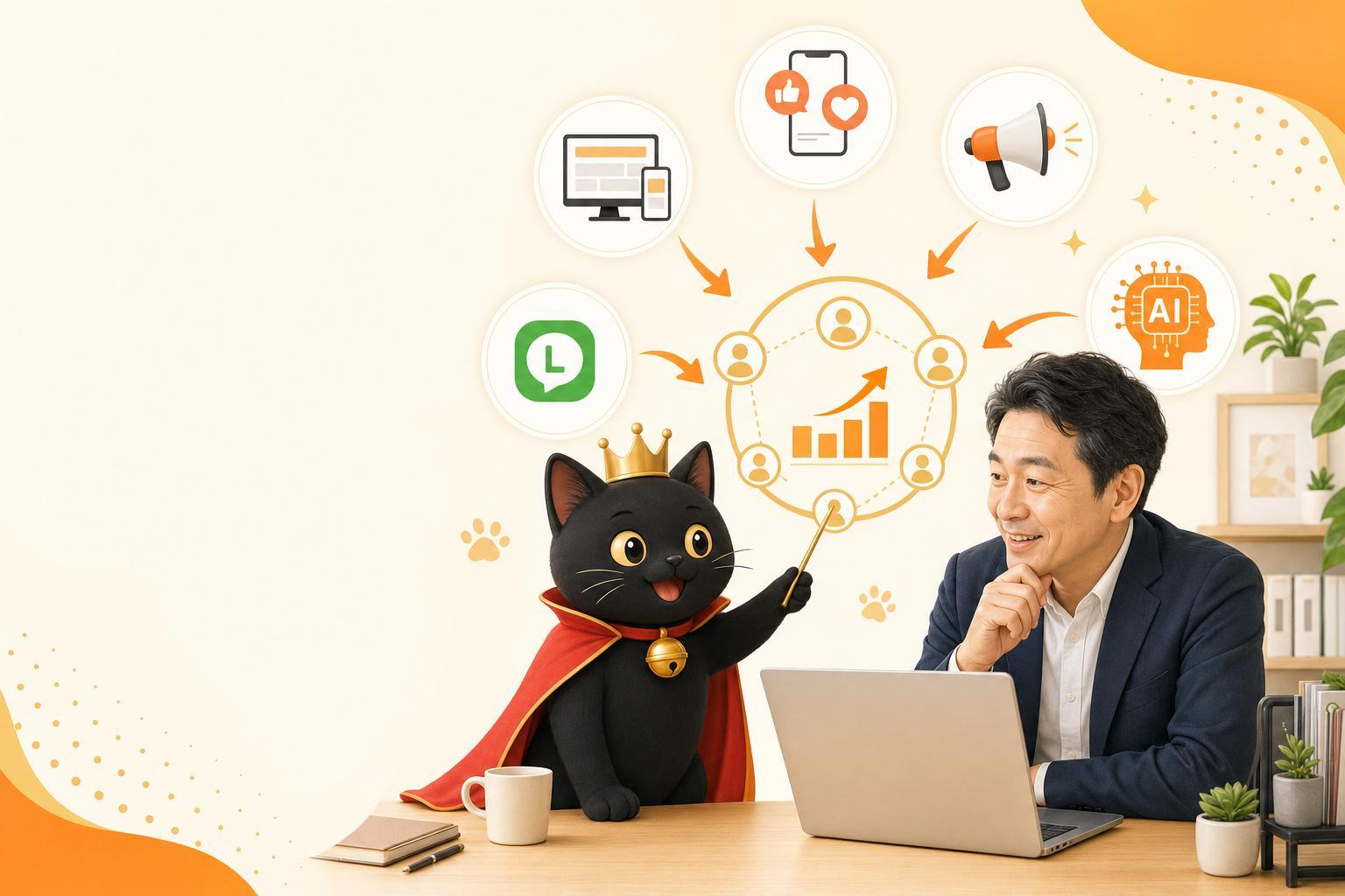 黒いねこの案内キャラクターが社長のアイデアを売上の仕組みに整理しているイメージ