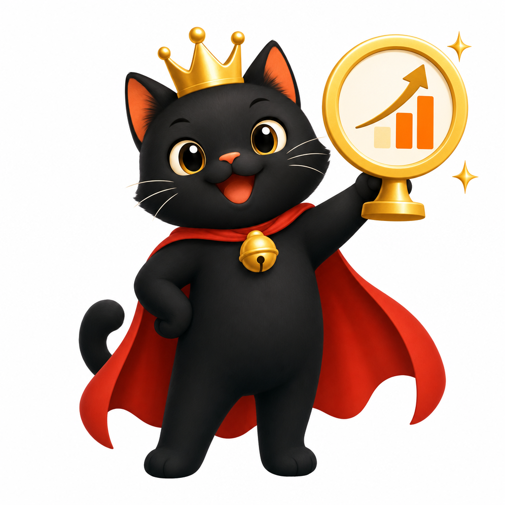 実績バッジを持つ黒いねこのキャラクター
